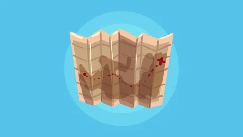 Animated treasure map with dotted path and red destination cross on blue ba.. Stock Footage 339193276