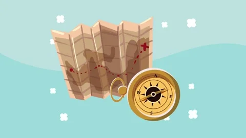 Animated treasure map with navigation compass on light blue background with.. Stock Footage 339193113