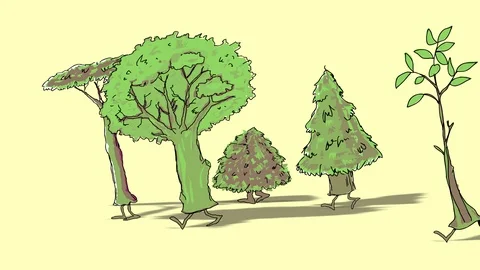 Animated trees walks by two legs. Stock-Footage 104002798