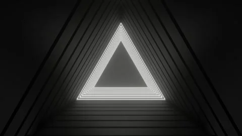 Animated triangular lights run from back to front in black hallway Stock Footage 250393917