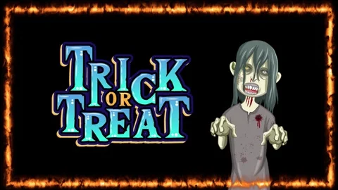 Animated Trick or Treat Text with Cartoon Zombie and Fire Frame Stock Footage 339382848