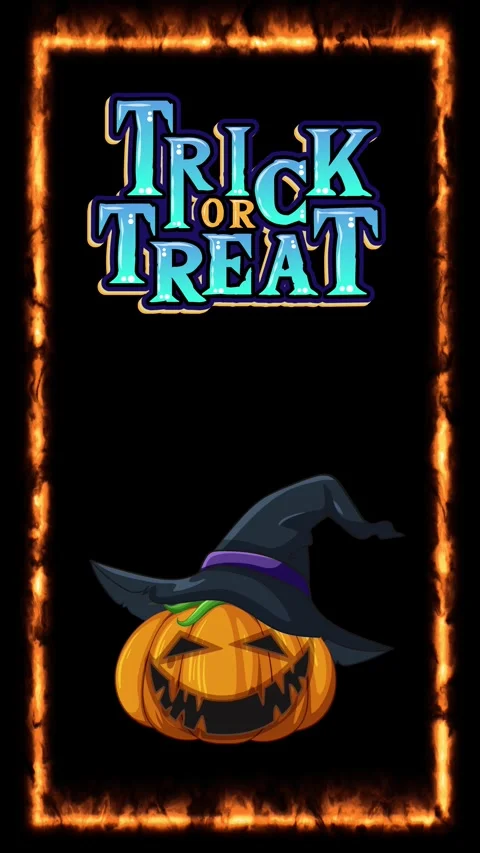 Animated Trick or Treat Text with Floating Jack O Lantern and Fire Frame Stock Footage 339394932