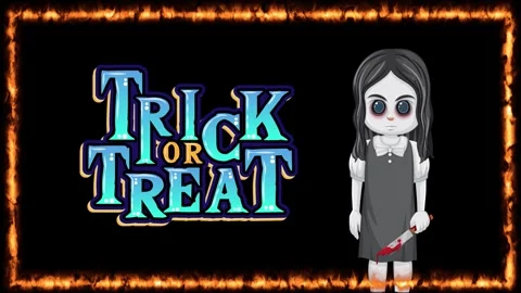 Animated Trick or Treat Text with Creepy Doll and Fire Frame Stock Footage 340324143