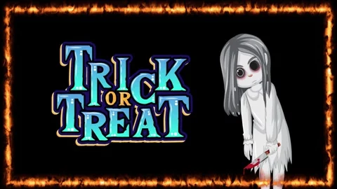 Animated Trick or Treat Text with Spooky Ghost Girl and Fire Frame Stock-Footage 341549449