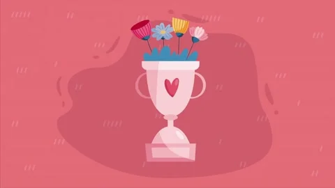 Animated trophy cup with colorful spring flowers blooming inside against pi.. Stock Footage 339335569