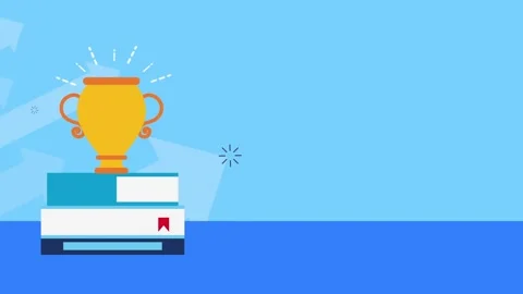 Animated trophy on stack of books with upward pointing arrows on blue backg.. Stockbeeldmateriaal 338400097
