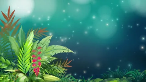 Animated Tropical Jungle Foliage with Magic Glow Particles Drifting Up Stock Footage 339756377