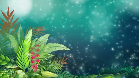 Animated Tropical Leaves with Glowing Magic Particles Drifting Downwards Stock Footage 340260058