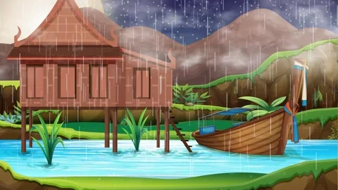 Animated Tropical Rain Falling Over Traditional Stilt House and Boat Stock Footage 340195320
