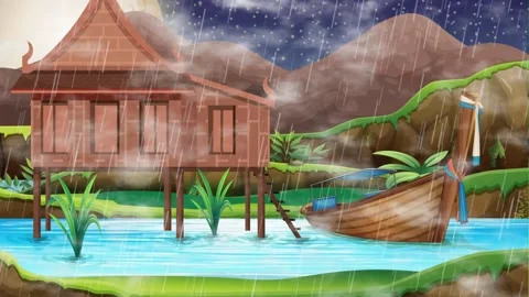 Animated Tropical Rain Falling Over Traditional Thai Stilt House and Boat Stock Footage 341066913