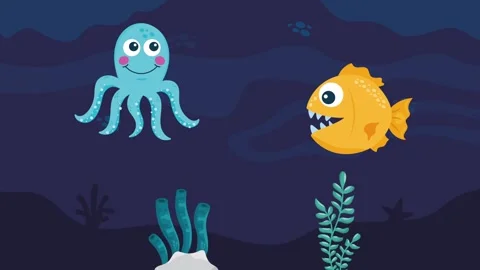 Animated underwater scene featuring cute blue octopus and orange fish swimm.. Stockbeeldmateriaal 339073116