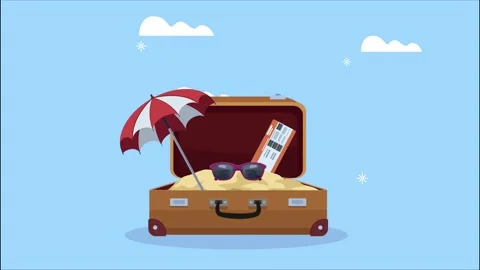Animated vacation suitcase opening with beach umbrella sunglasses and fligh.. Stock Footage 333545387