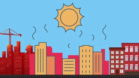 Animated vector city skyline under hot summer sun with heat waves Stock Footage 347804906