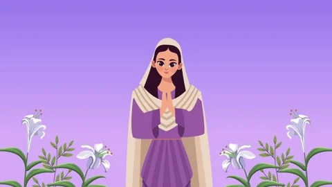Animated vector illustration of blessed virgin mary praying with white flow.. Video stock 338318400