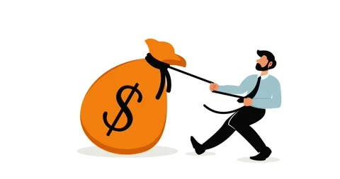 Animated vector illustration of a businessman pulling a sack of dollar bills Stock Footage 337477564