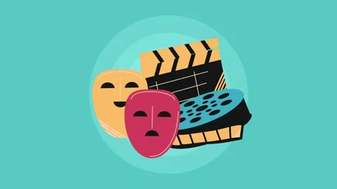 Animated vector illustration of theater masks and film clapperboard icons f.. 스톡 동영상 338428610
