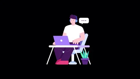 Animated vector illustration of young man wearing headset working on laptop.. Stock Footage 338365700