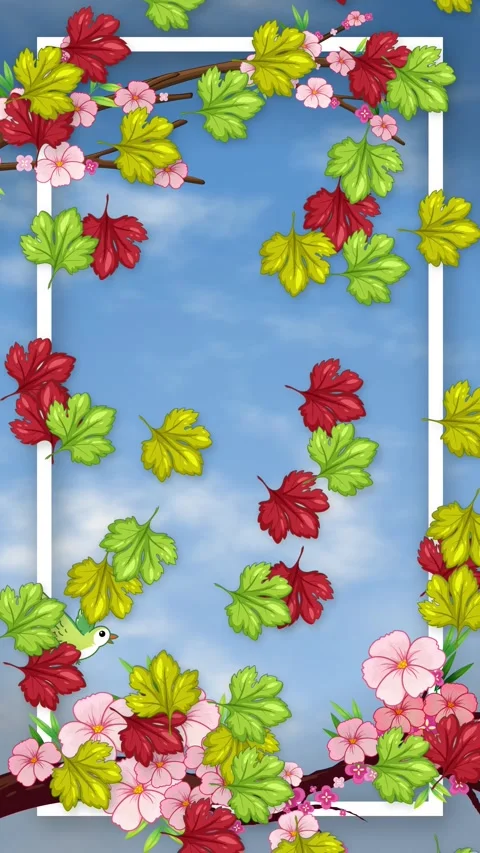 Animated Vertical Frame with Cherry Blossoms and Falling Autumn Leaves Stock Footage 346117205