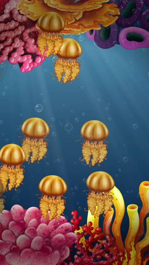 Animated Vertical Loop of Jellyfish Swimming Through Colorful Coral Reef Stock Footage 340381715