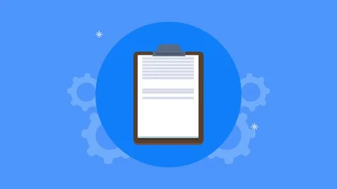 Animated video of a clipboard with a document, gears, and twinkling stars o.. Vídeos de archivo 338423400