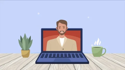 Animated video of a man on a laptop screen featuring home office decor with.. 動画素材 338403204