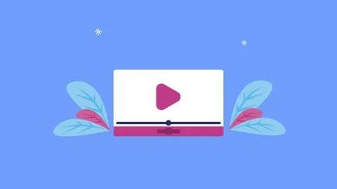 Animated video player interface symbol with decorative leaves on blue backg.. Video stock 339067909