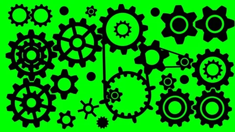 Animated video of several gears of various sizes moving together Stock Footage 231332891