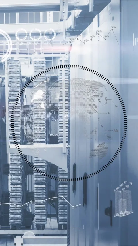 Animated video showcases data processing in tech and server rooms for global Stock Footage 321382115
