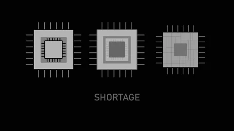 Animated video showing semiconductor shortage, three chips appear. Stock Footage 168536962
