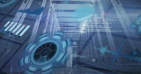 Animated video shows data flow in a server room, depicting a global network Stock Footage 329109087