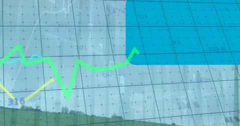 Animated video shows stats processing and a windmill in a countryside setting. Stock Footage 330735505