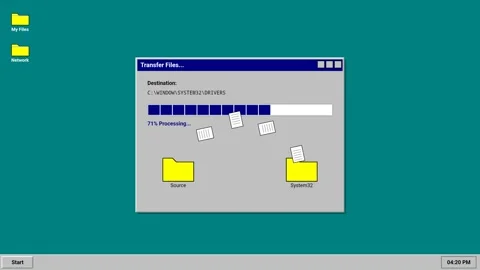 Animated vintage files transfer dashboard on green window Stock Footage 346502358