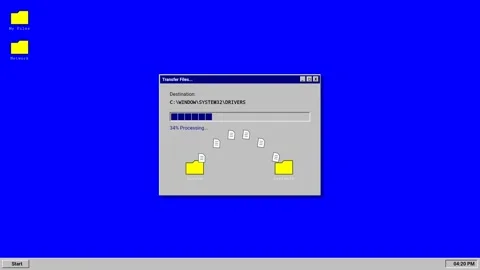 Animated vintage files transfer dashboard on blue window Stock Footage 346502359