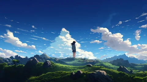 Animated virtual Girl looking out into the clouds. Anime style Stock Footage 260409380