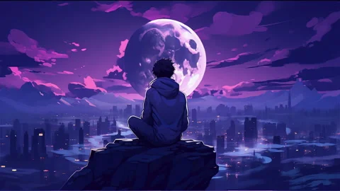 Animated virtual Silhouette of boy on Landscape background night city. Video stock 260889644