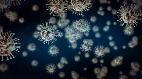 Animated viruses and germs spin in blue background, wide shot static Video stock 124331562