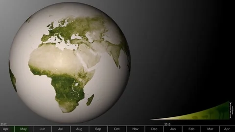 An animated visualization shows the green areas of earth increasing and Stockbeeldmateriaal 123372725