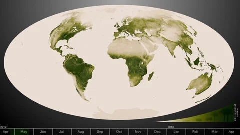 An animated visualization shows the green areas of earth increasing and 動画素材 123373891