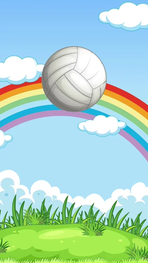 Animated Volleyball Bouncing on Green Grass Under a Rainbow Sky Stock Footage 342100032