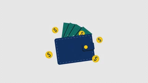 Animated Wallet with Cash and Floating Dollar Coins - Transparent Stock Footage 343638698