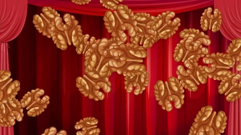 Animated Walnuts Falling Against a Red Theater Curtain Background Stock Footage 344848752