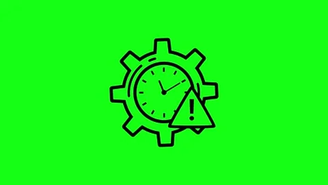 Animated Warning Clock with Gear and Alert Symbol on Bright Green Background Stock Footage 339713272