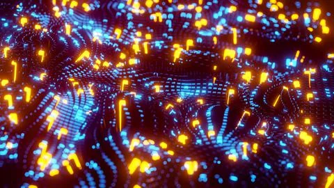 Animated wave moving structure of blue cubes with glare and radiance. 3D イラスト素材