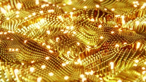 Animated wave moving structure of gold cubes with glare and radiance. Infinitely Stock Footage 186926303
