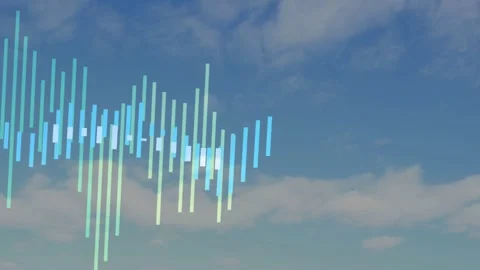 Animated waveform reacting to sound, moving across blue sky, cyan-green gradient Stock Footage 333444552