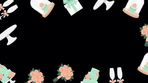 Animated Wedding Celebration Border with Cakes Bouquets and Champagne Glasses 库存影片 344486869