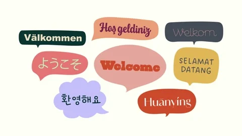 Animated Welcome greetings in multiple languages with colorful speech bubbles Video stock 301745224