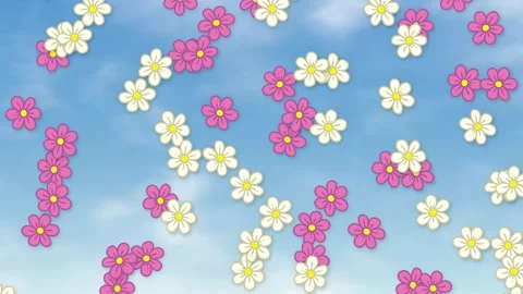 Animated White and Pink Flowers Falling Against Blue Cloudy Sky Stock Footage 346571325