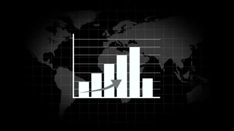 Animated White Bar Chart with Upward Arrow Over World Map and Grid on Black.. Stock Footage 332991984