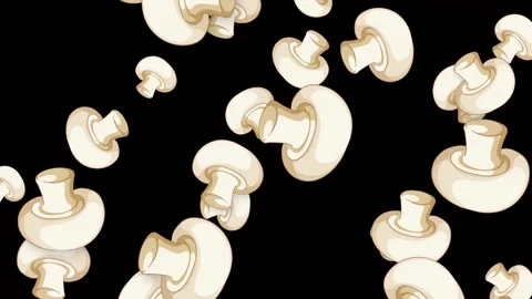 Animated White Button Mushrooms Falling Downward on Black Background Stock Footage 342488476